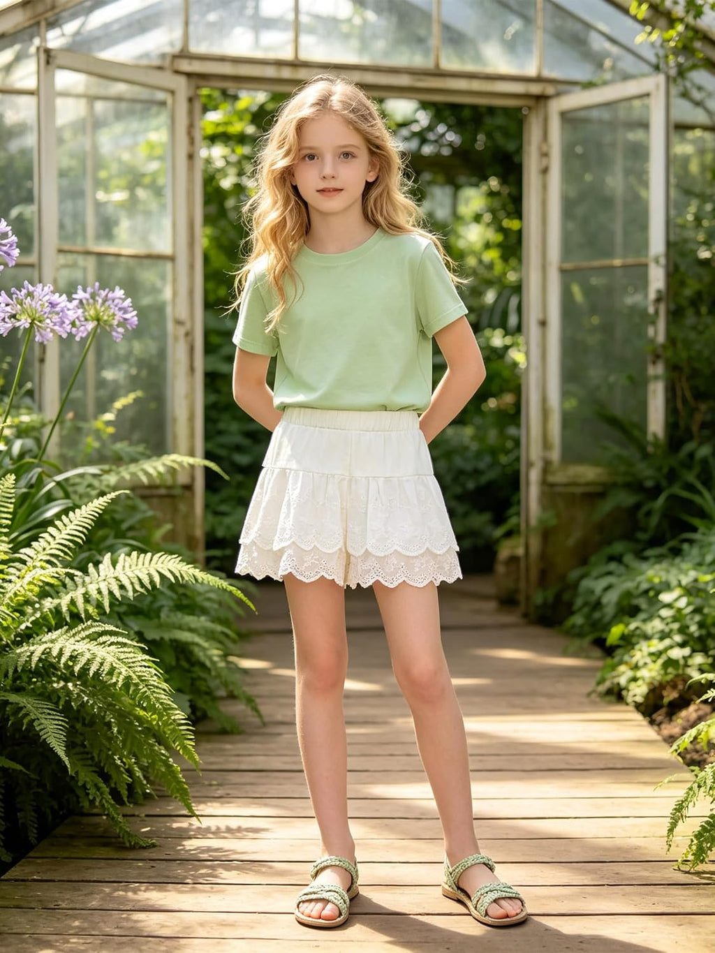 Girls Ruffle Layered Shorts Eyelet Lace Skorts Elastic Waist Flowy for Toddler
