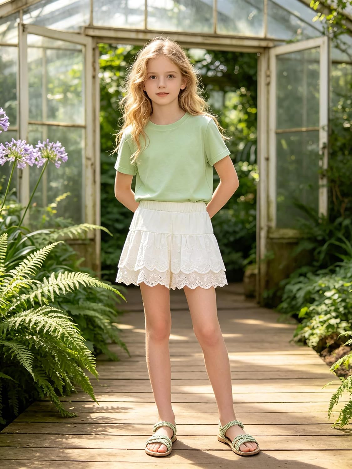 Girls Ruffle Layered Shorts Eyelet Lace Skorts Elastic Waist Flowy for Toddler