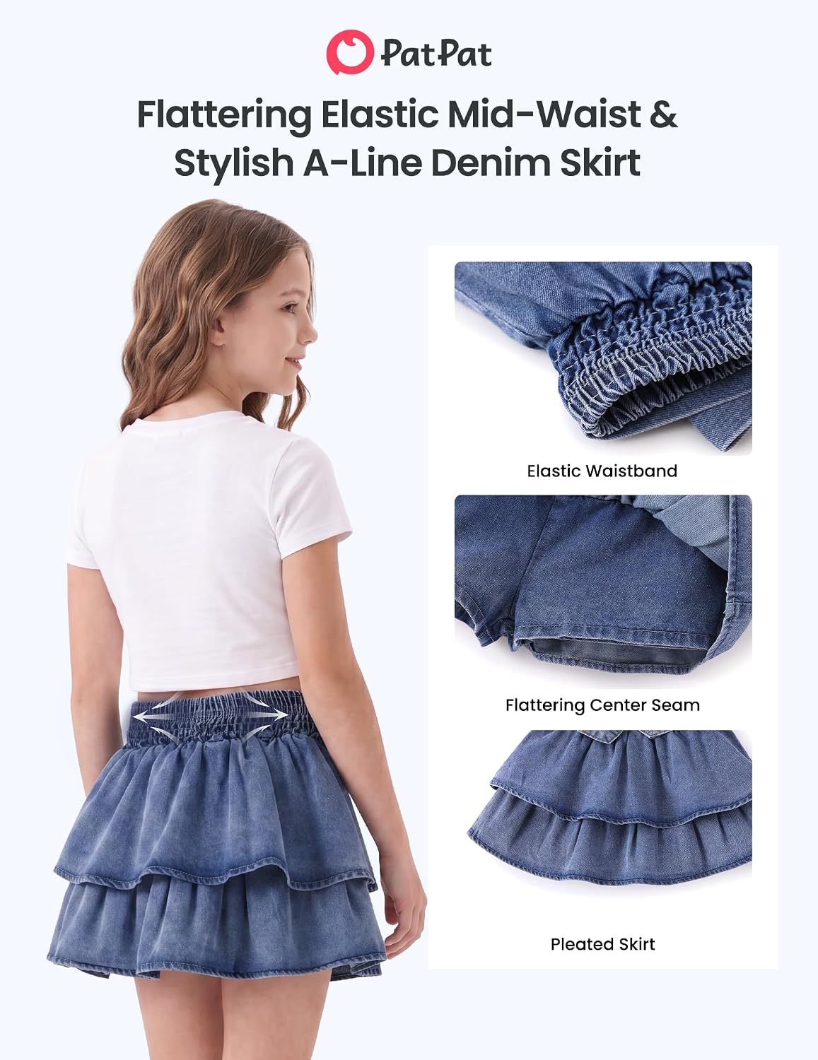 PATPAT Girls Denim Skirt Elastic Waist Jean Skort with Shorts Underneath