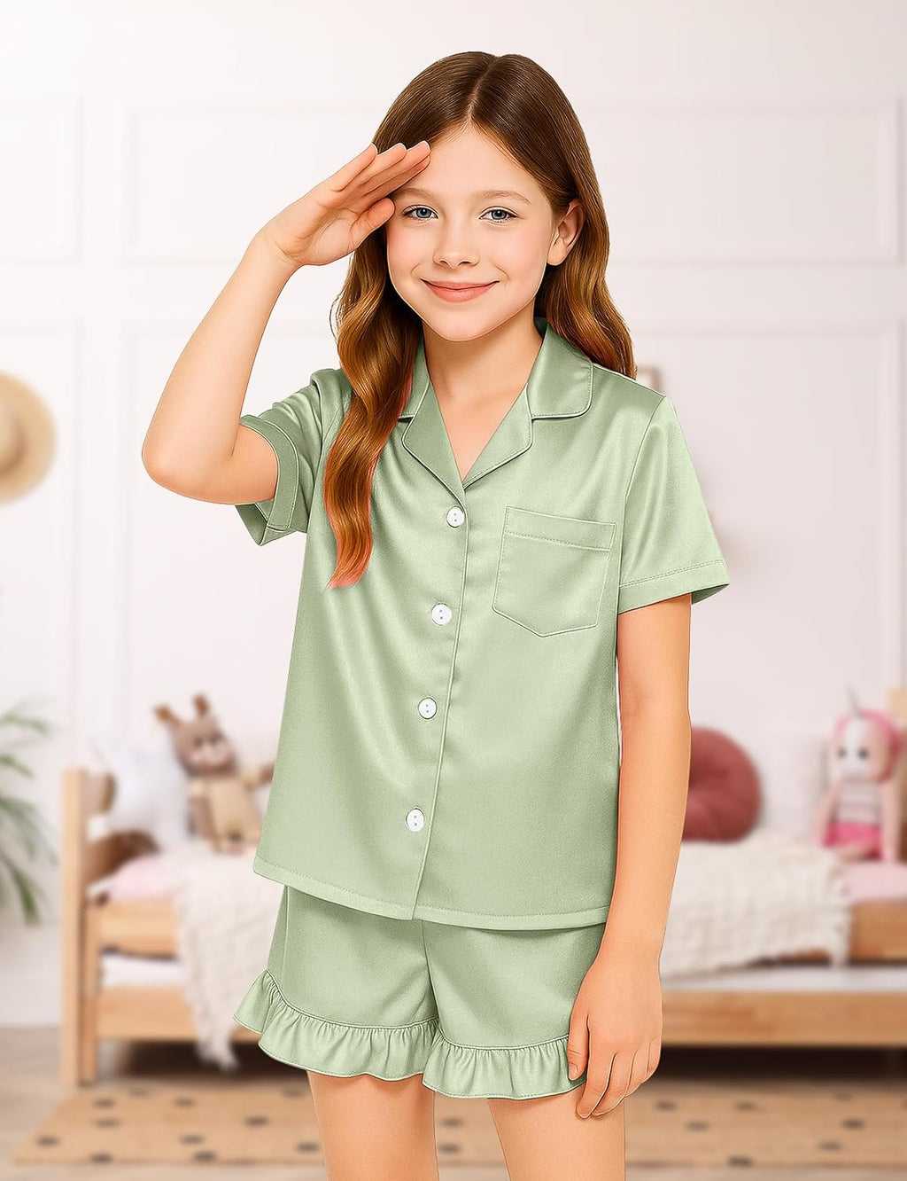 Kids Silk Pajamas Girls Satin Pajamas 2 Pcs Girls Ruffle Pjs Set