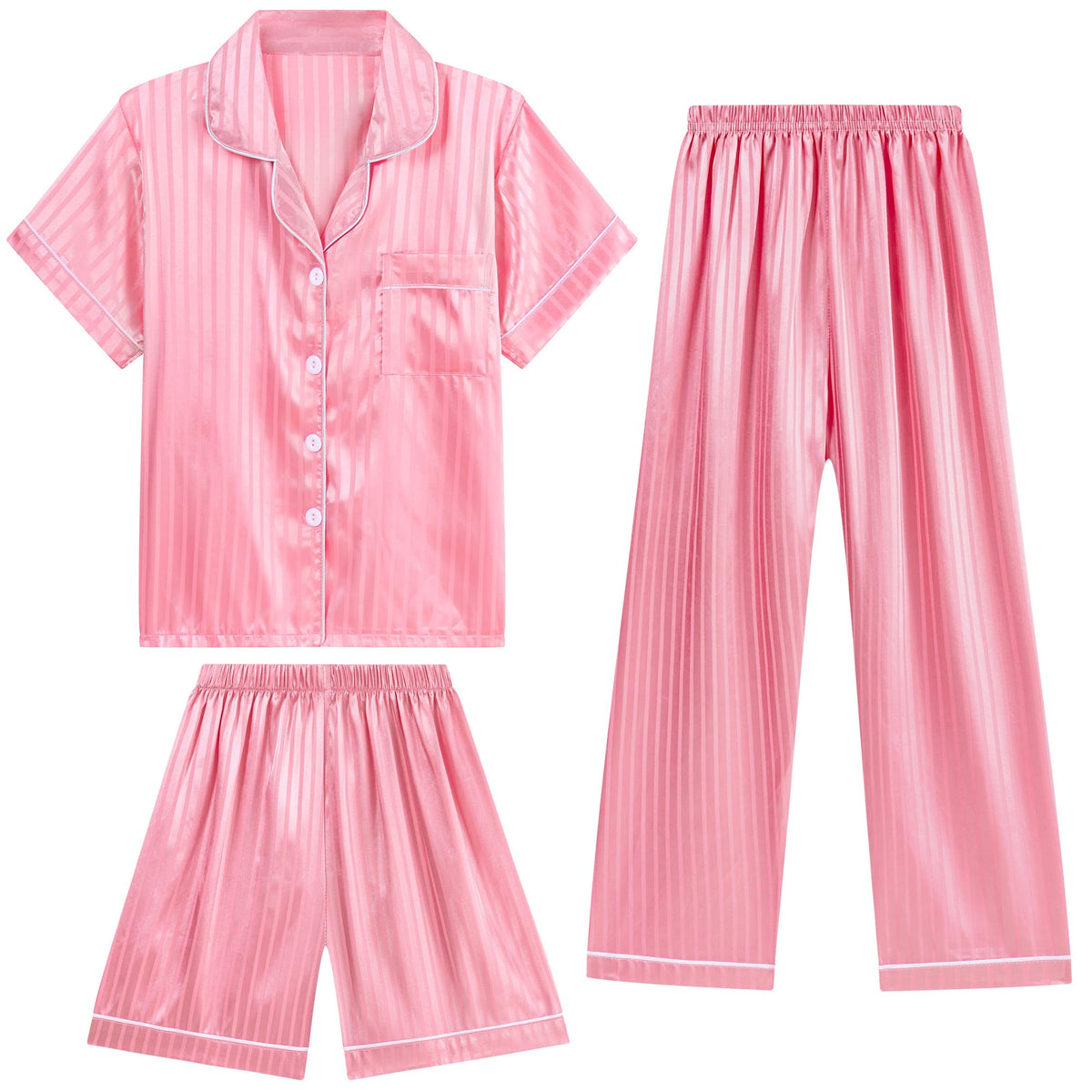 DIPUG Girls Pajamas 3 Pcs Satin PJs Set Silky Soft Sleepwear for Ages 4-13