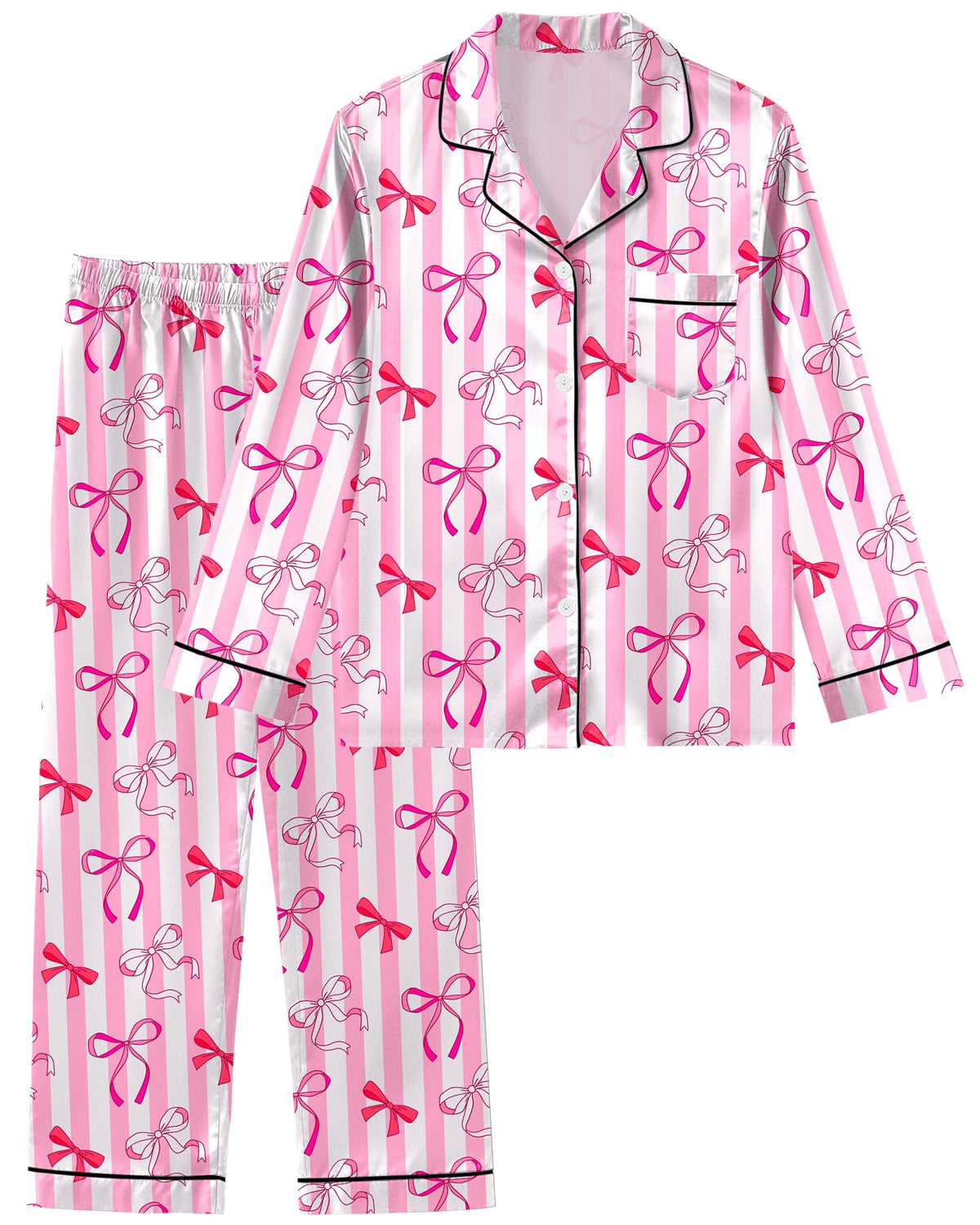 Girls Pajamas Satin Pajama Set Silky Bow Pjs Long Sleeve Button Down Sleepwear Loungewear Sets for Big Kids 7-14Y