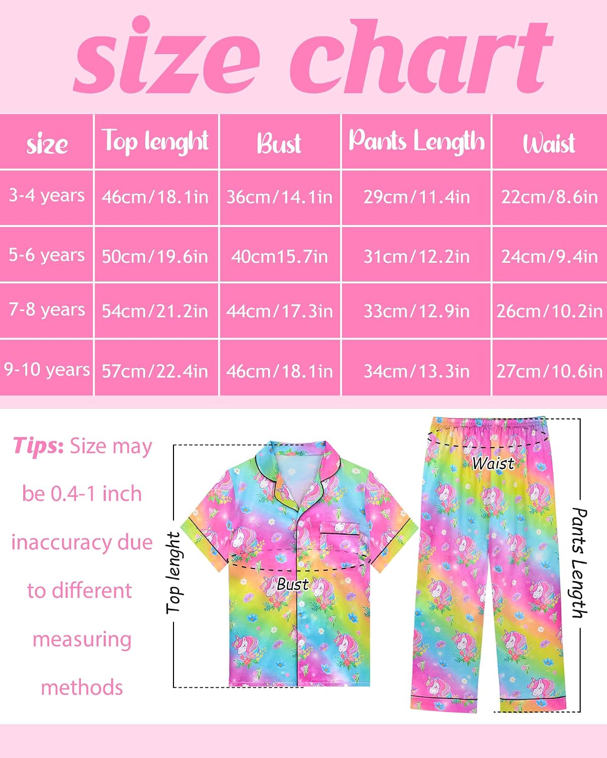 Girls Pajamas Silky Short Sleeve Long Pants Cute Jammies Satin Sleepwear Pjs Set for Toddler Kids 3T-10Y
