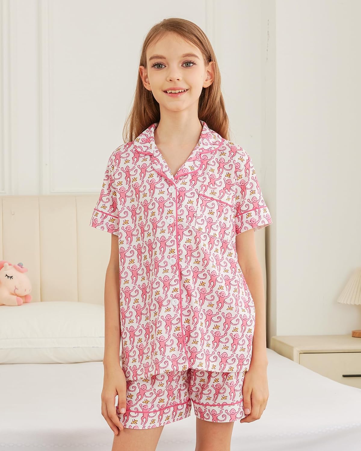 Girls Pajamas Sets, Kids Monkey Button Down Sleepover Loungewear