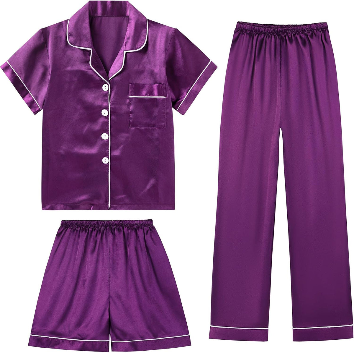 DIPUG Girls Pajamas 3 Pcs Satin PJs Set Silky Soft Sleepwear for Ages 4-13