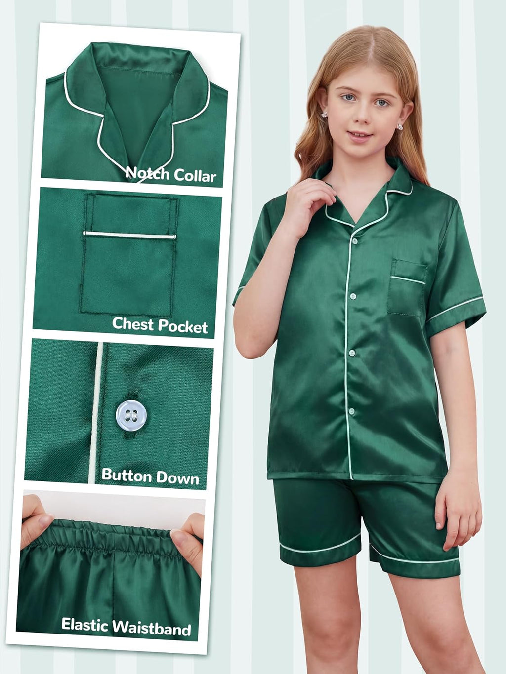 IHU Girls Pajamas Silk Satin PJs Boys Button Down Short Sleeve Shorts Set