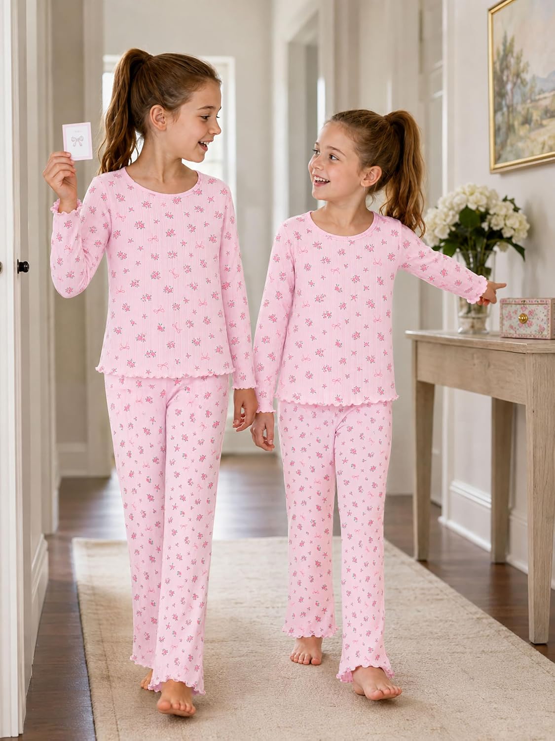 Beezizac Girls Pointelle Pajamas Long Sleeve Wide Leg 2-Piece Set Size 6-18