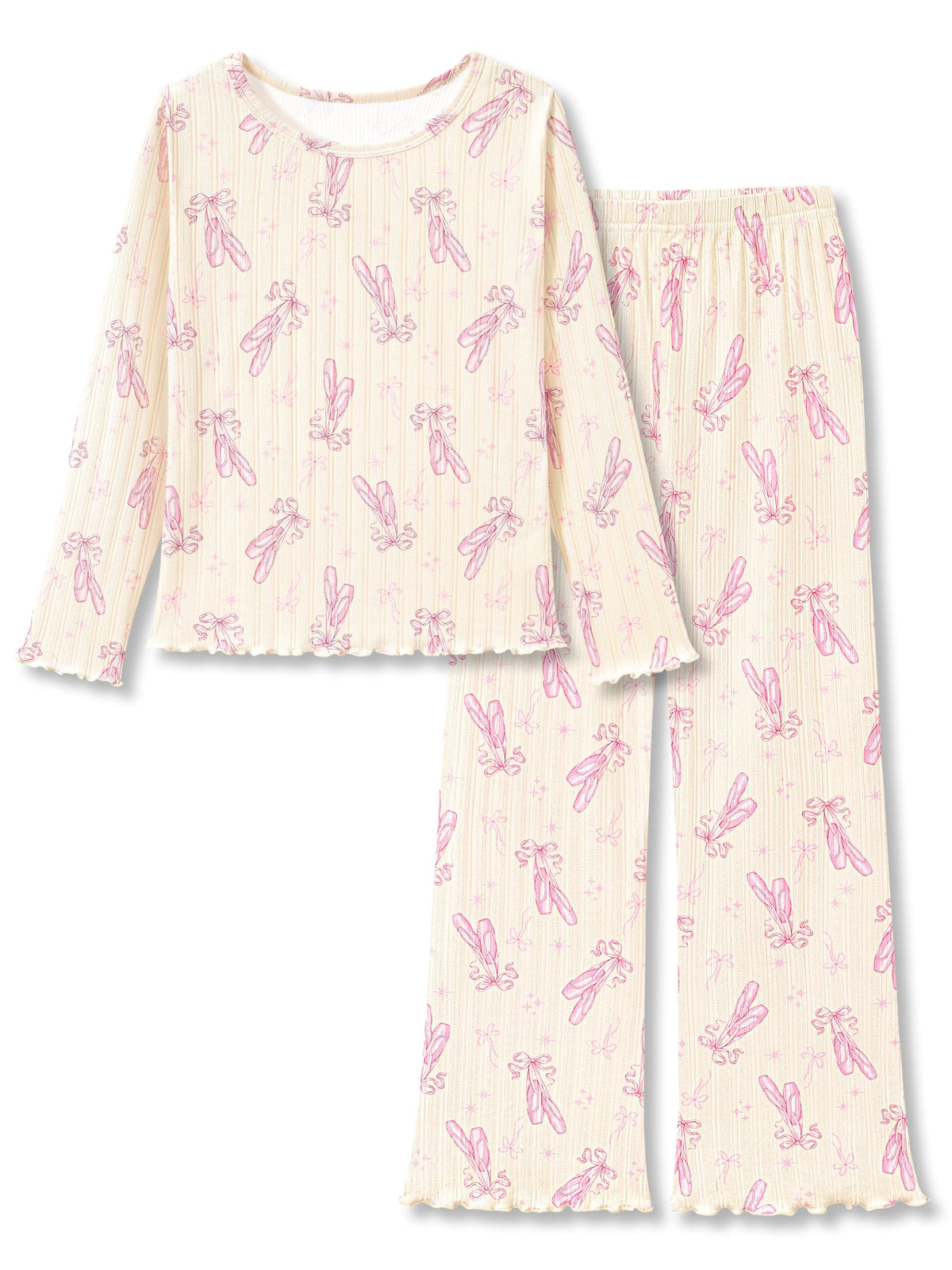 Beezizac Girls Pointelle Pajamas Long Sleeve Wide Leg 2-Piece Set Size 6-18