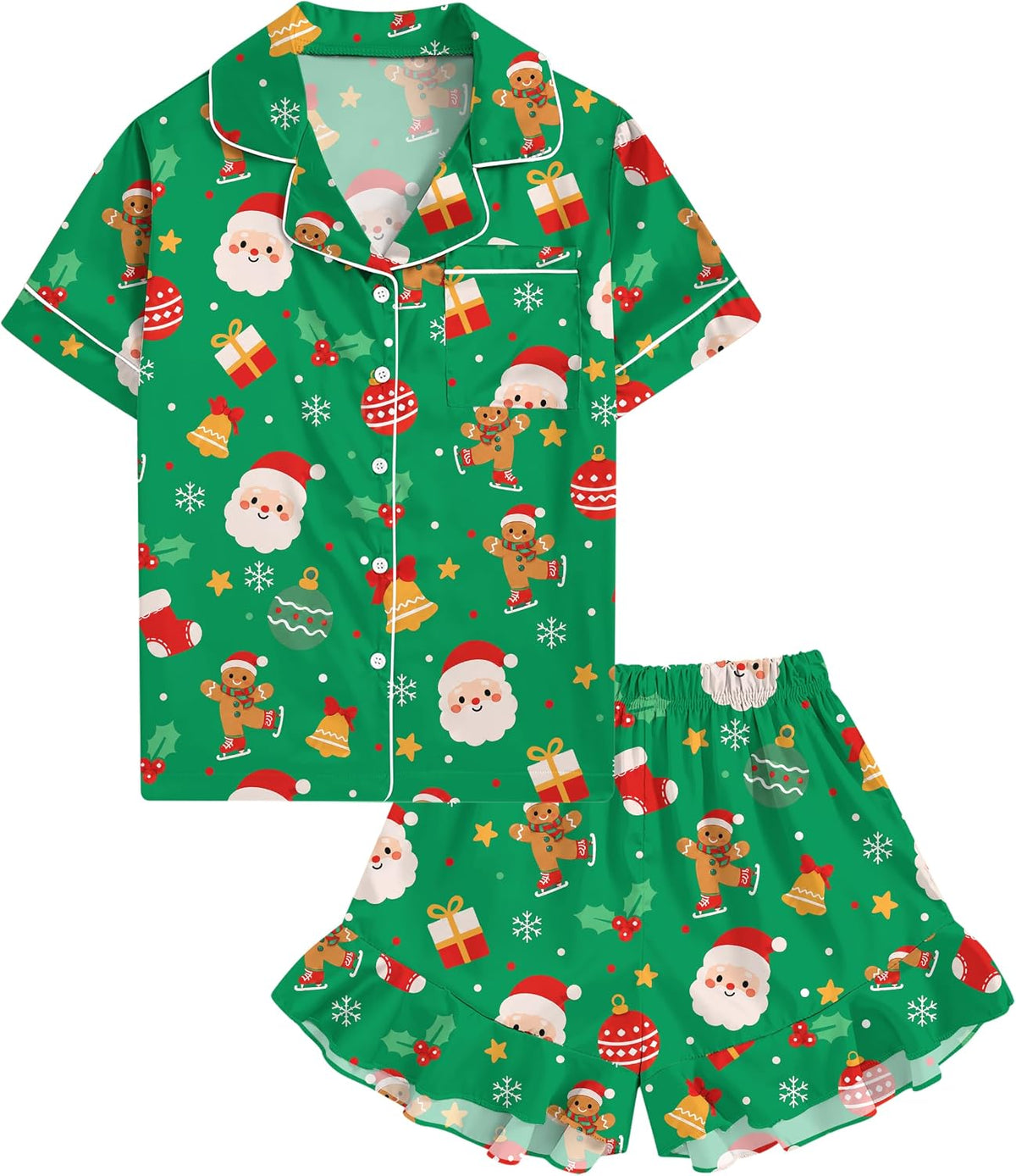 UNIFACO Girls Silk Satin Pajama Set, Short Sleeve Button Down PJs