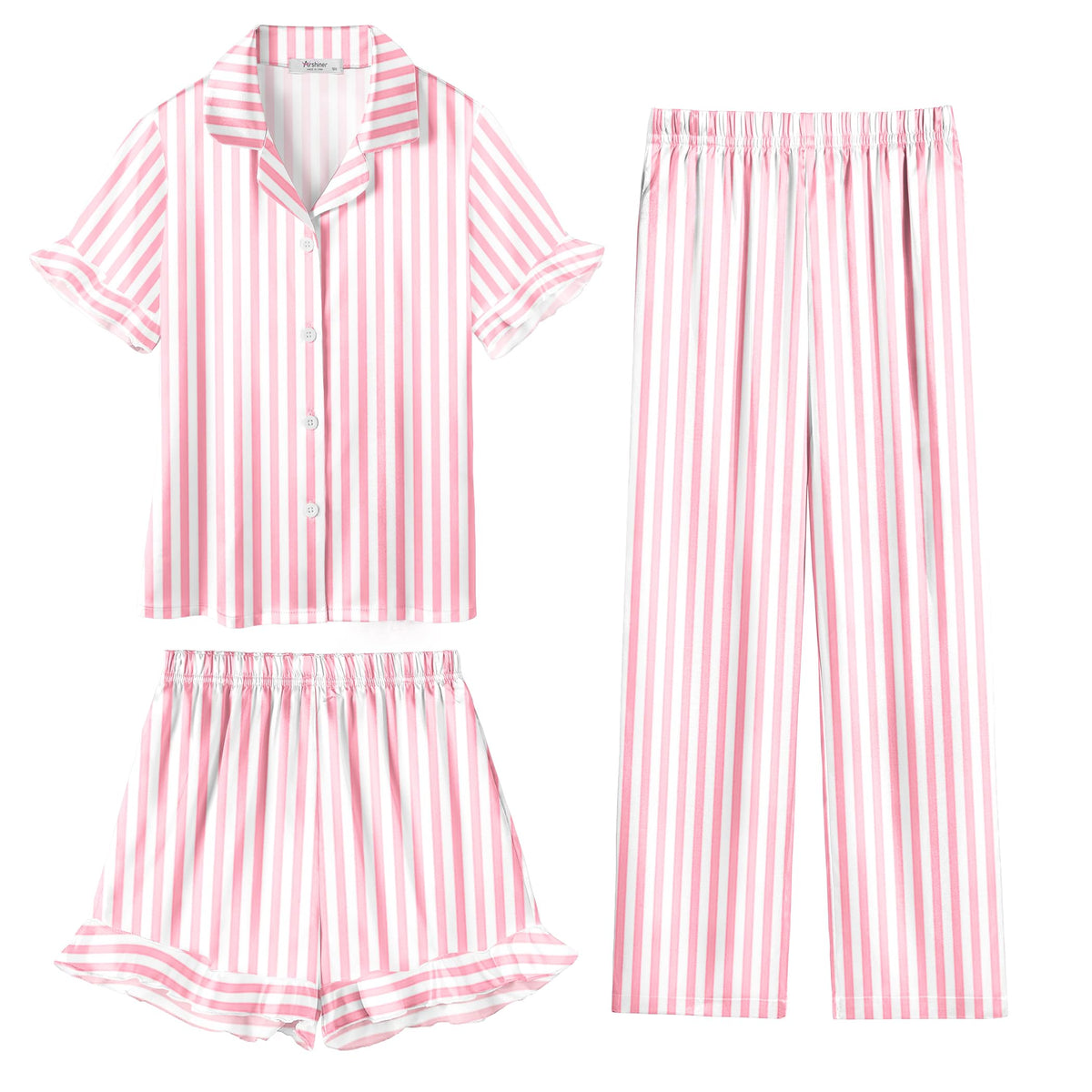 Arshiner Girls Pajamas Sets 3 Piece Satin Pjs Short Sleeve Silky Sleepwear