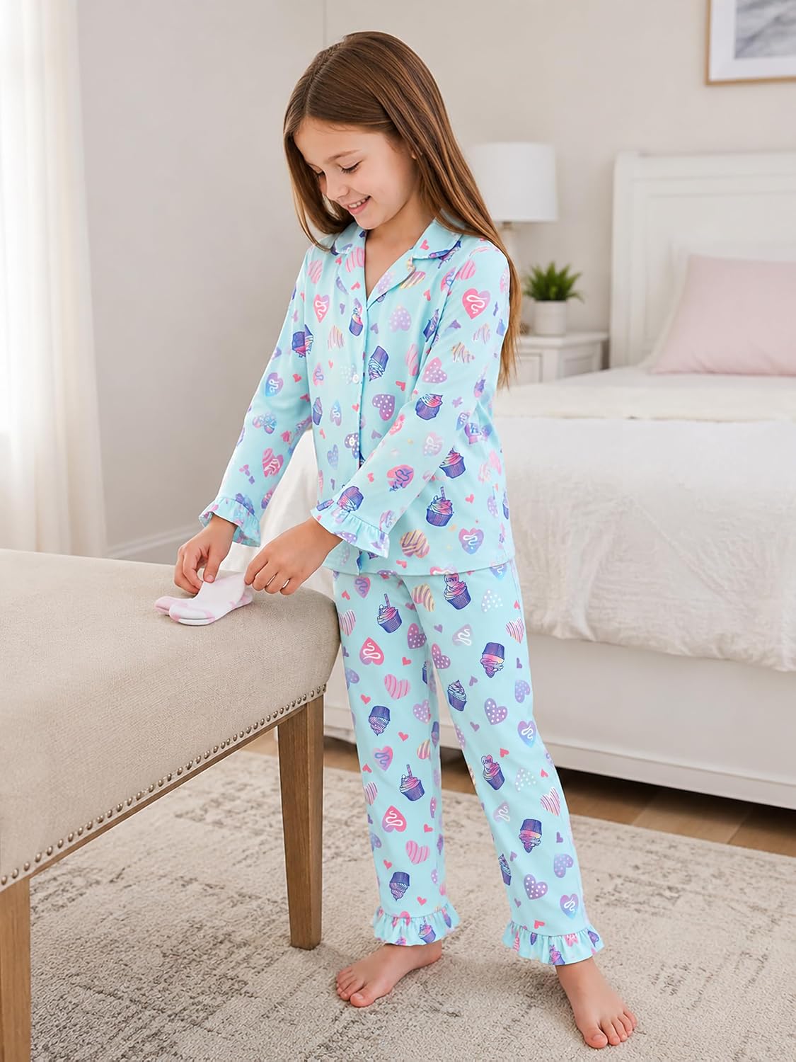 Beezizac Girls Cartoon Ruffle Long Sleeve Button Down Pajama Set Sizes 6-18