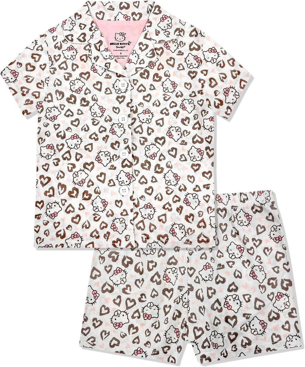 Hello Kitty Girls Pajama Set - 2 Piece Cozy Girls Pjs with Button Down Short Sleeve & Shorts For Kids - Official Product