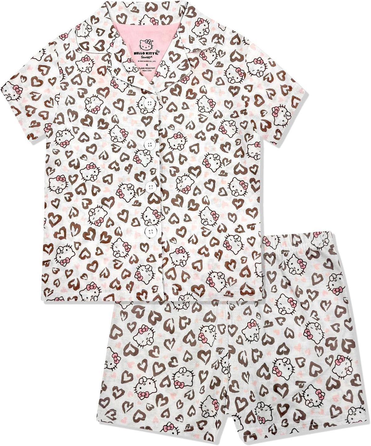 Hello Kitty Girls Pajama Set - 2 Piece Cozy Girls Pjs with Button Down Short Sleeve & Shorts For Kids - Official Product