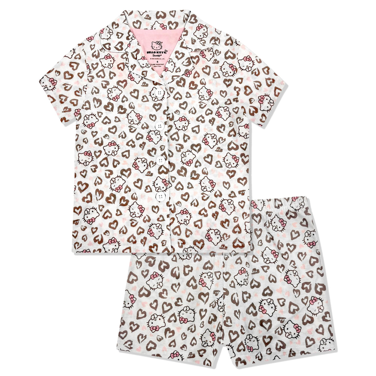 Hello Kitty Girls Pajama Set - 2 Piece Cozy Girls Pjs with Button Down Short Sleeve & Shorts For Kids - Official Product
