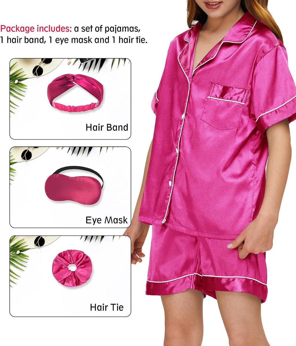 SEALINF Satin Girl Pajama Set Silk Pajamas for Girls With Eyemask 2 Pcs Button-up Sleepwear Kid Pjs Nightwear