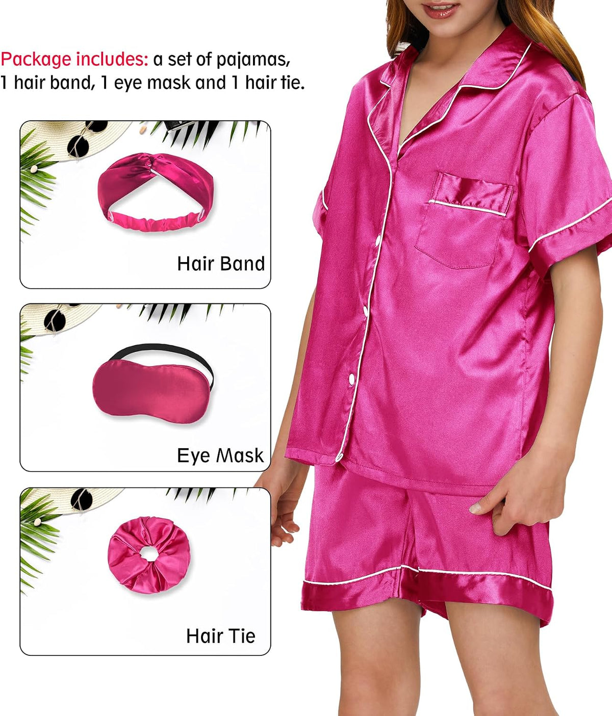 SEALINF Satin Girl Pajama Set Silk Pajamas for Girls With Eyemask 2 Pcs Button-up Sleepwear Kid Pjs Nightwear