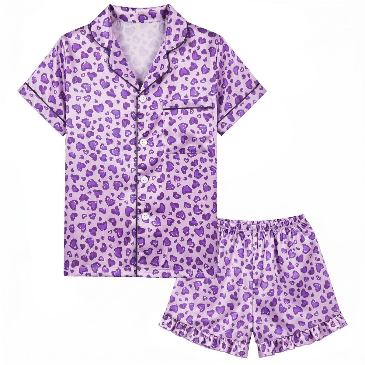 MHJY Girls Satin Pajama Set 2-Piece Short Sleeve Button-Down Sleepwear
