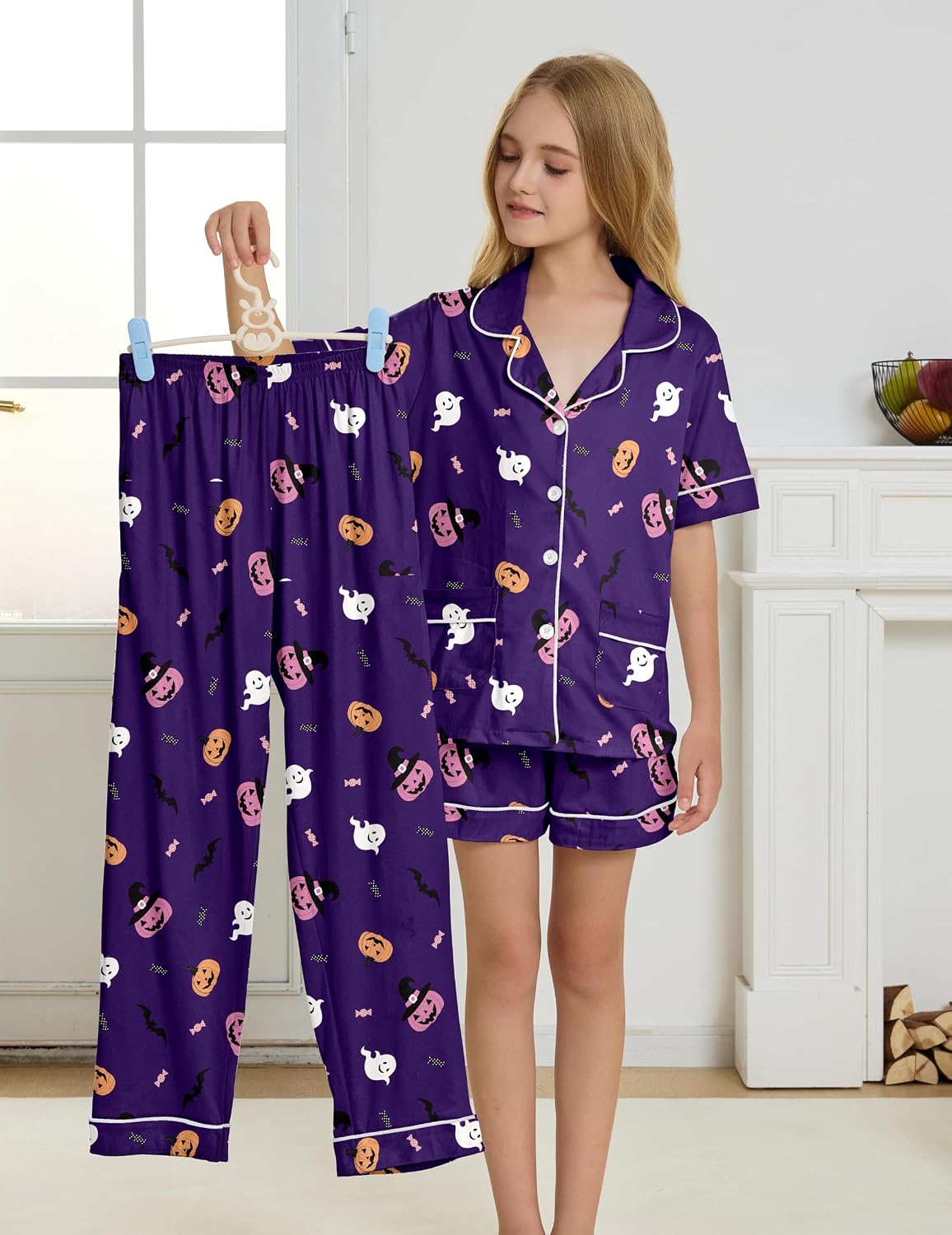 Hupohoi Big Girls 3pcs Button Down Pajama Sets Top with 2 Pockets Sleepwear