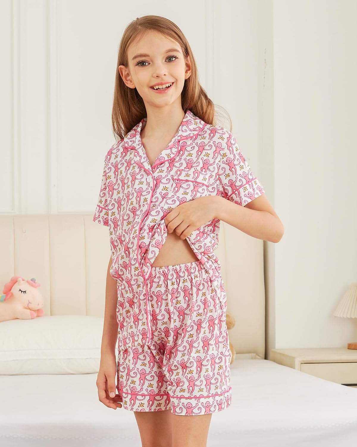 Girls Pajamas Sets, Kids Monkey Button Down Sleepover Loungewear