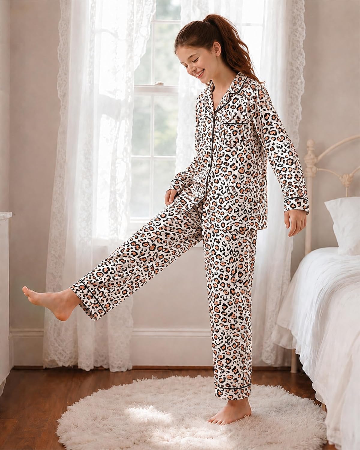 Mikrdoo Girls Silk Pajamas 2 Piece PJs Sets Kids Satin Slpeepwear 3-14Y