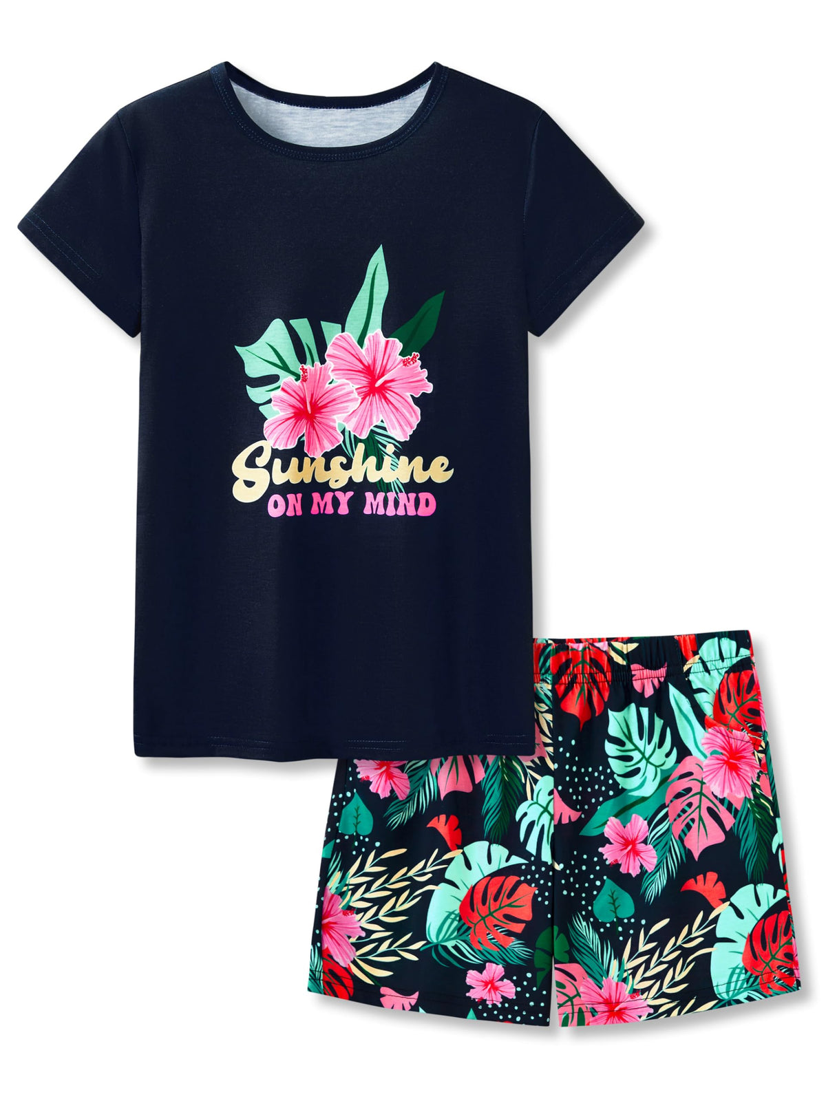 Beezizac Girls Pajamas Neon Tie Dye Spiral Capybara Smiling Face Print T-shirt & Shorts 2-Piece Soft PJ Set Size 6-18