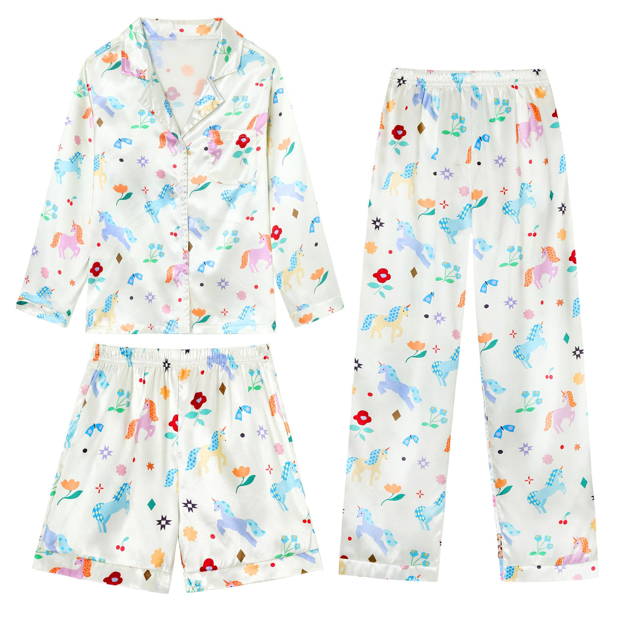 CARETOO Girls Pajamas 3 Piece Satin Long Sleeve Long Pants with Shorts PJs Set for Girls Kids Sleepwear 3-10 Years