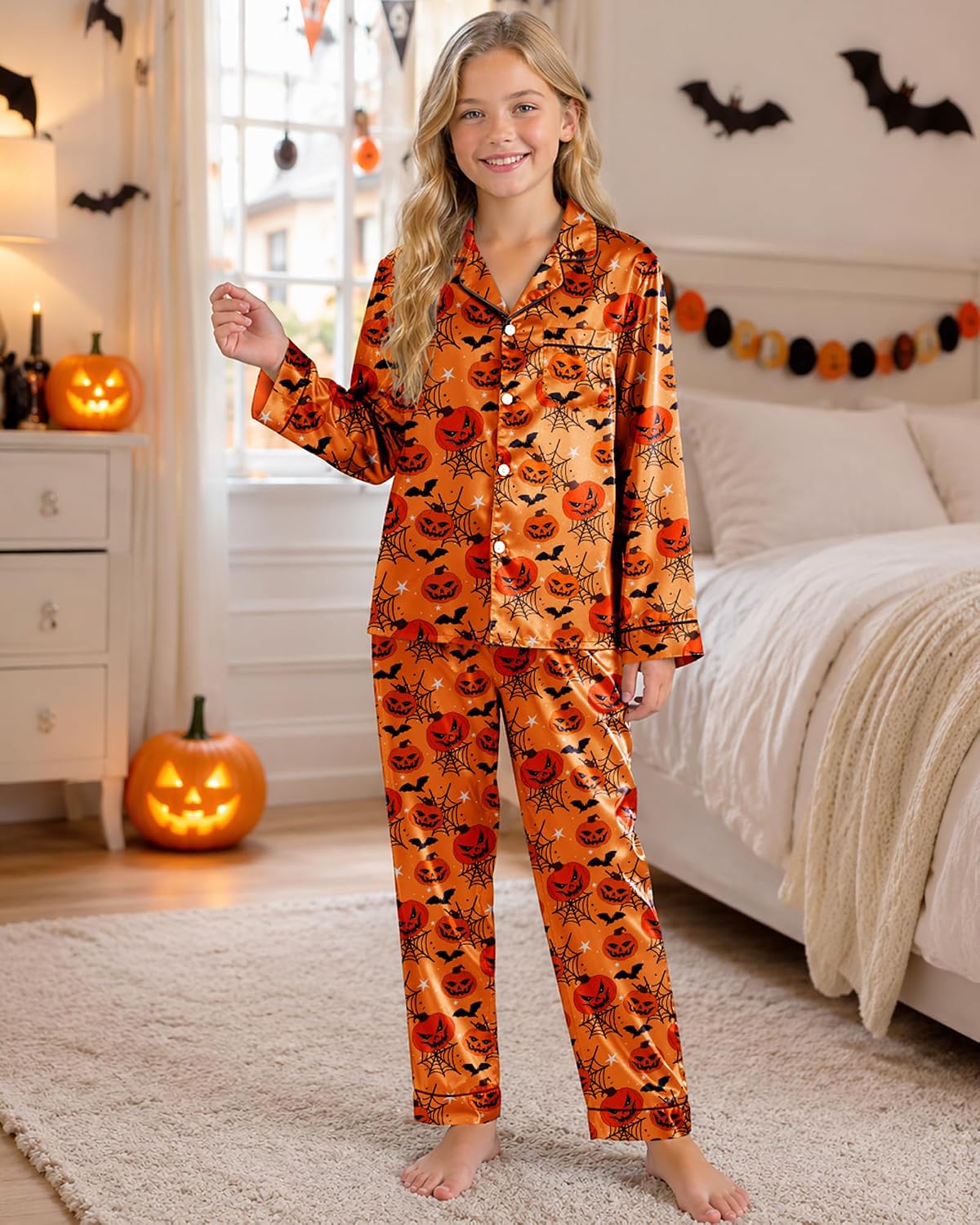Girls Pajamas Satin Pajama Set Silky Bow Pjs Long Sleeve Button Down Sleepwear Loungewear Sets for Big Kids 7-14Y