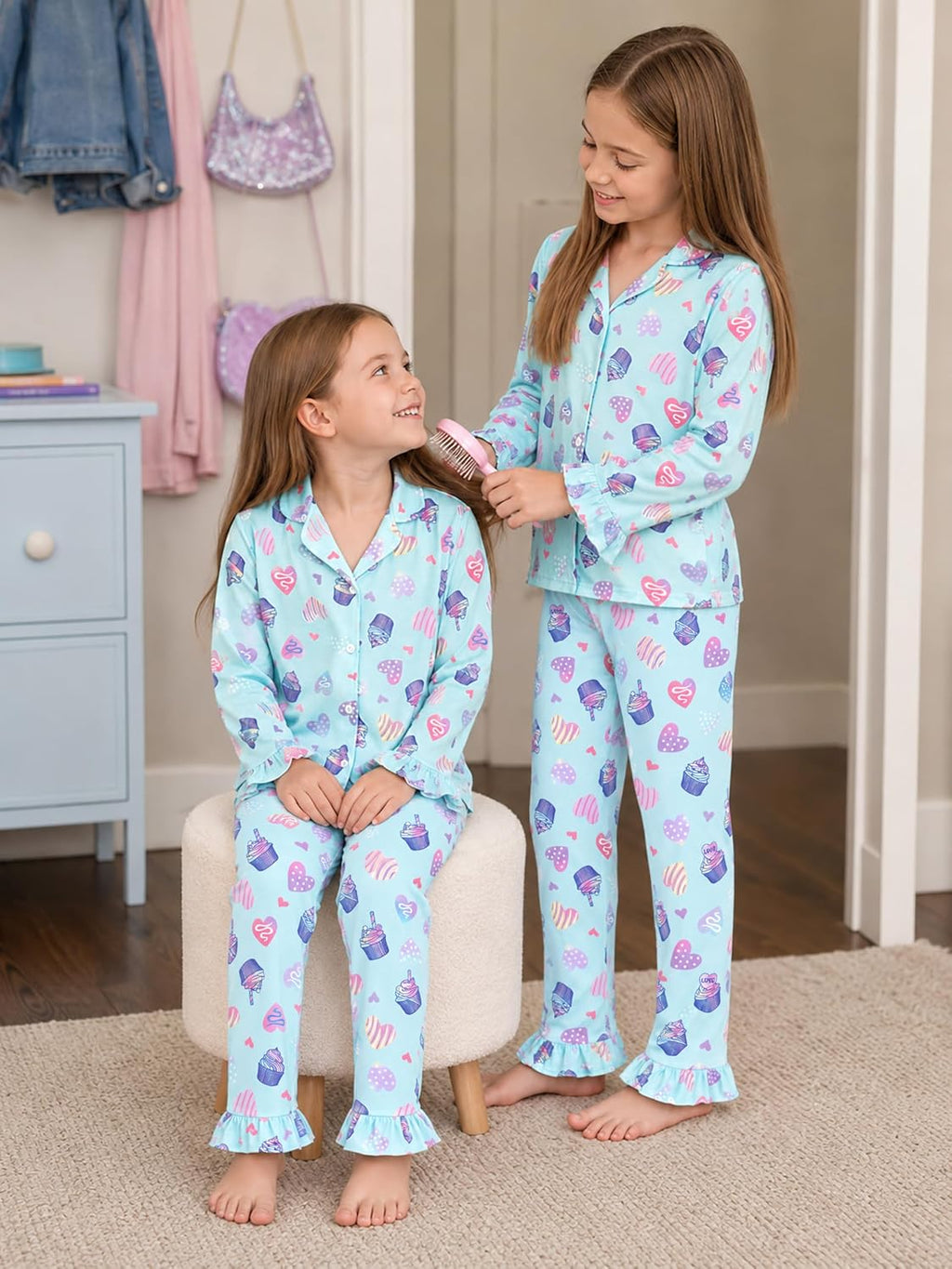 Beezizac Girls Cartoon Ruffle Long Sleeve Button Down Pajama Set Sizes 6-18