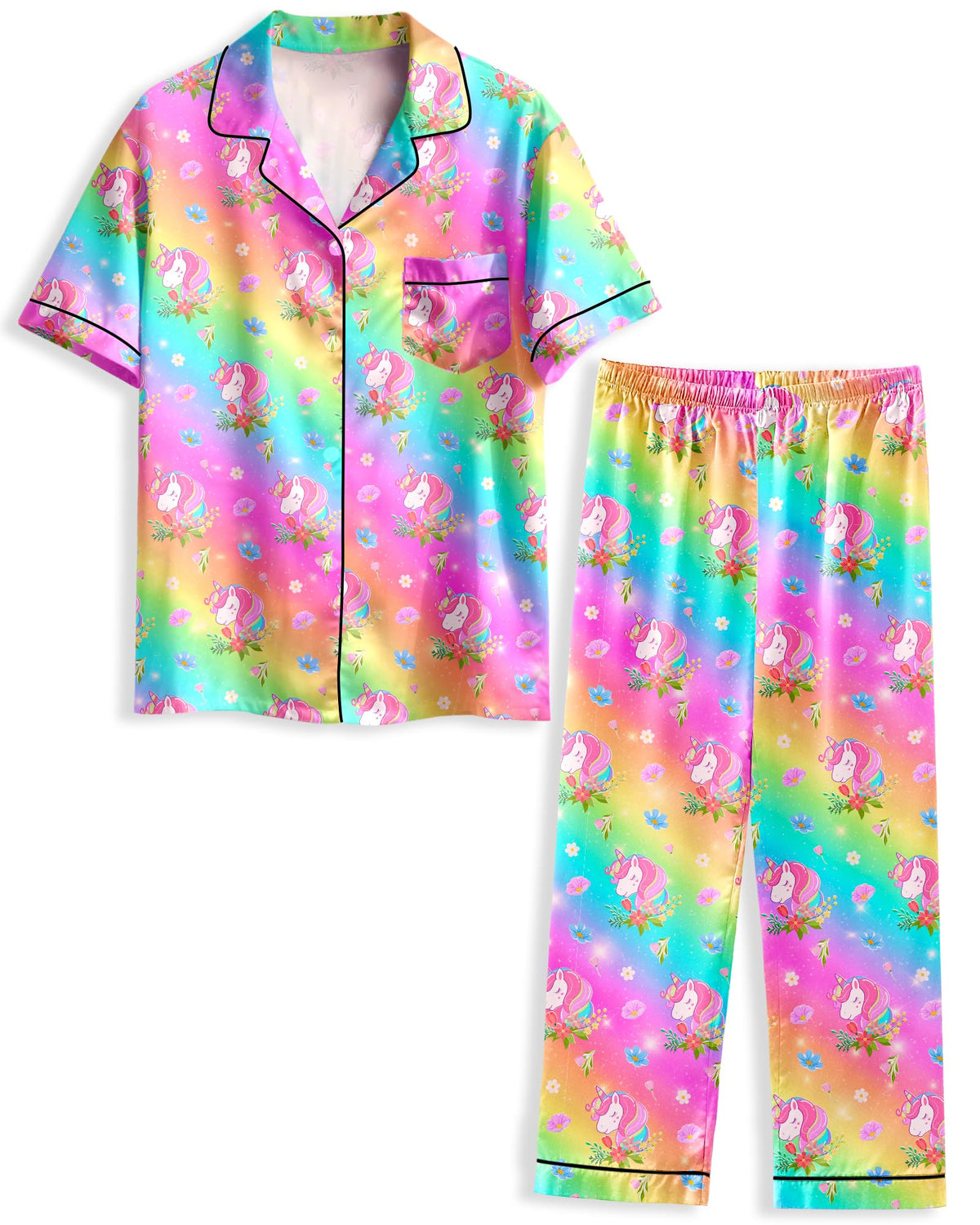 Girls Pajamas Silky Short Sleeve Long Pants Cute Jammies Satin Sleepwear Pjs Set for Toddler Kids 3T-10Y