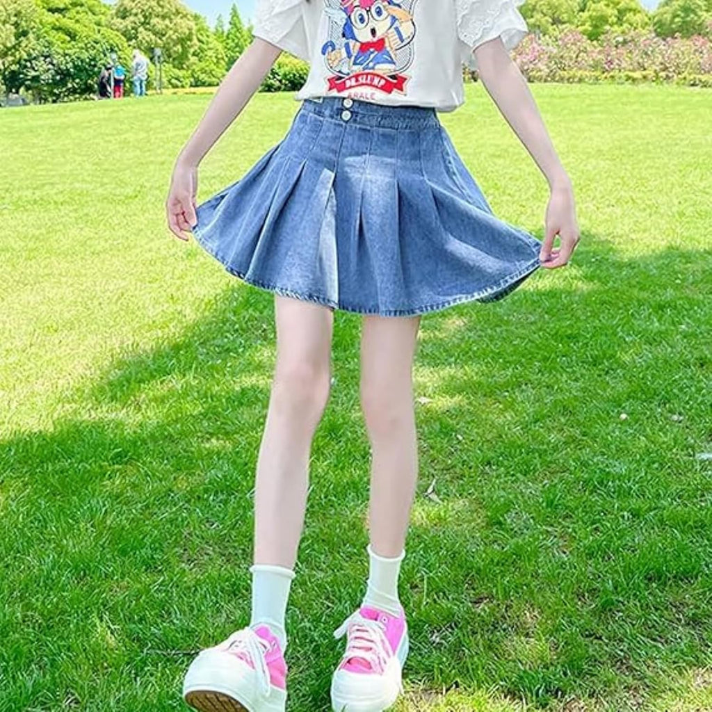 Toddler Girls Denim Skort Pleated High Waist 3-13Y