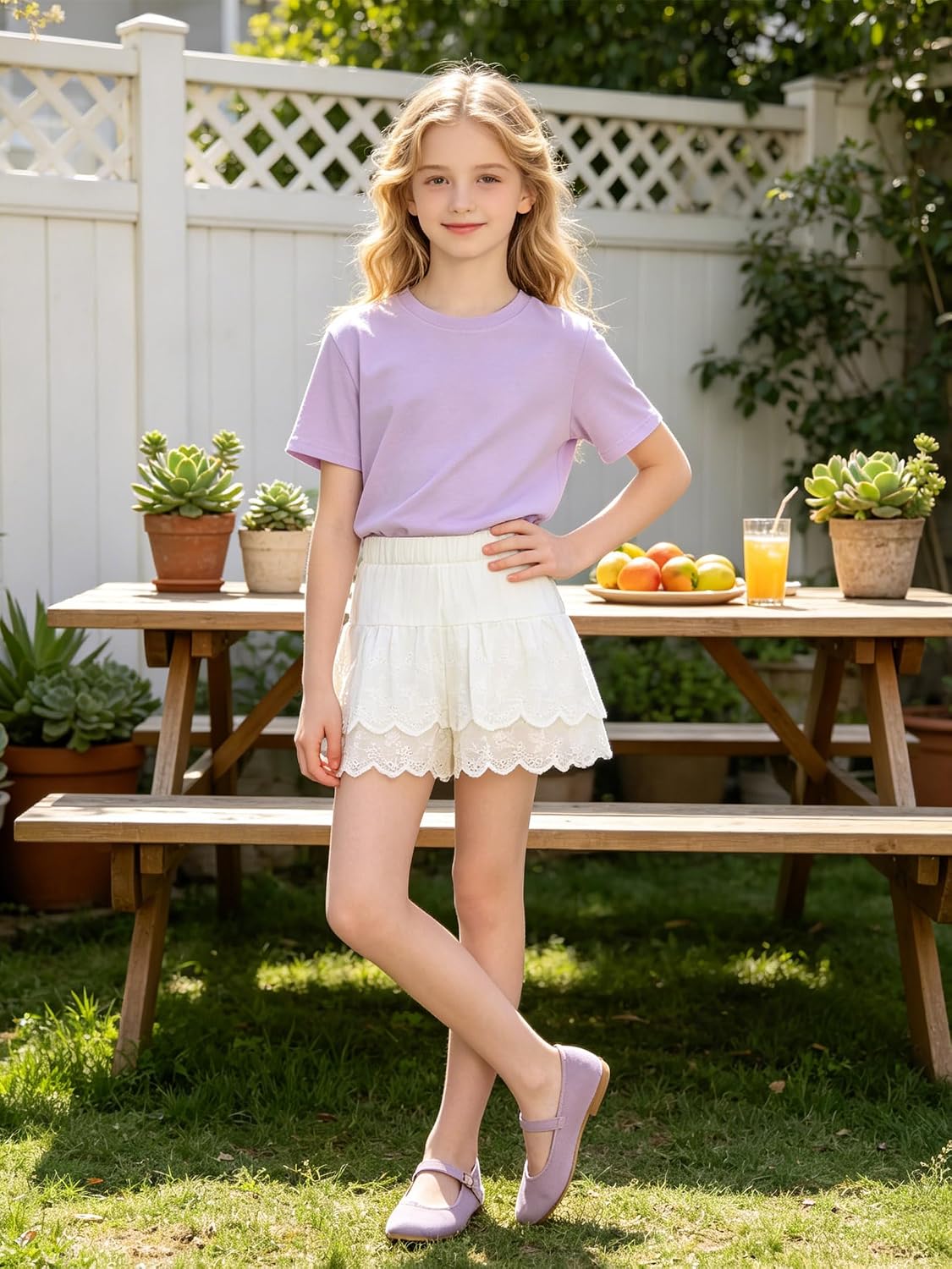 Girls Ruffle Layered Shorts Eyelet Lace Skorts Elastic Waist Flowy for Toddler