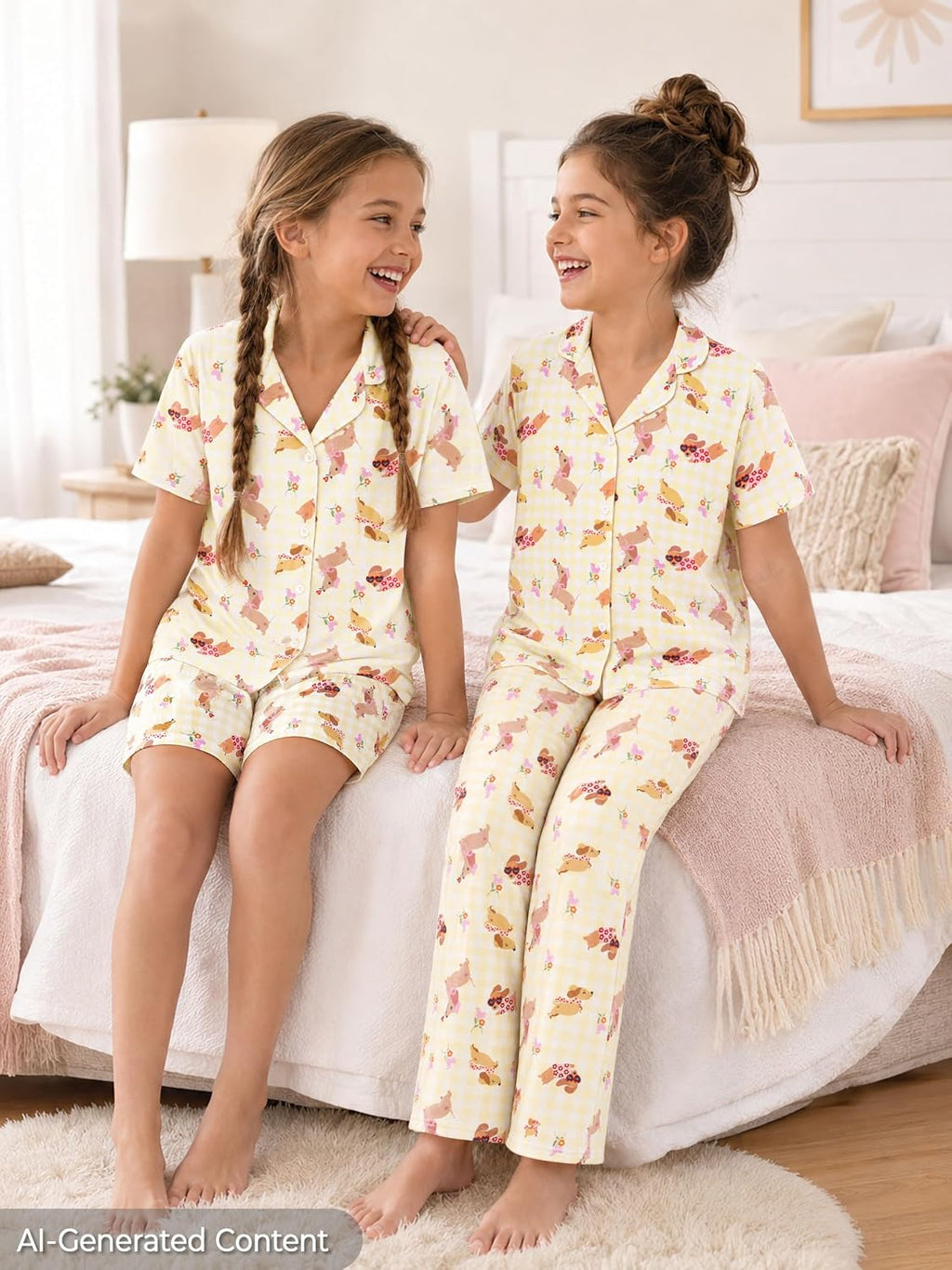 Topgal Girls 3PC Bow Puppy Pajamas, Button Up Short Sleeve PJs, Sizes 6-18