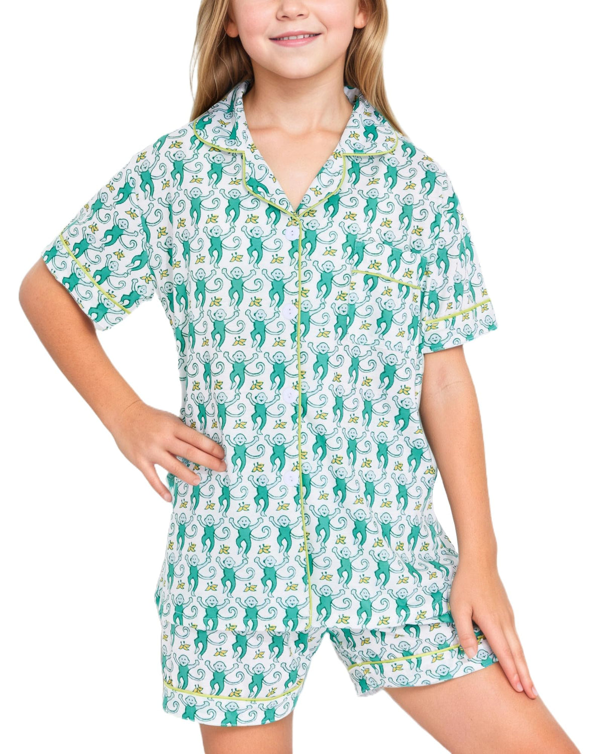 Girls Pajamas Sets, Kids Monkey Button Down Sleepover Loungewear