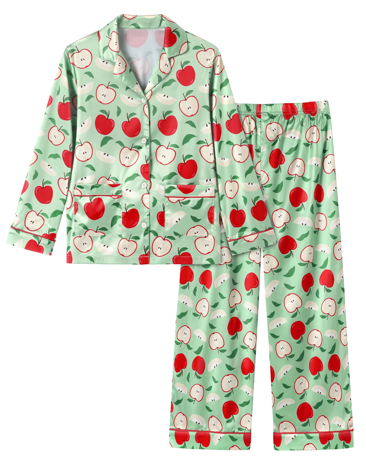 CARETOO Girls Pajama Set Satin Button-Down Long Sleeve Soft Sleepwear 5-14Y