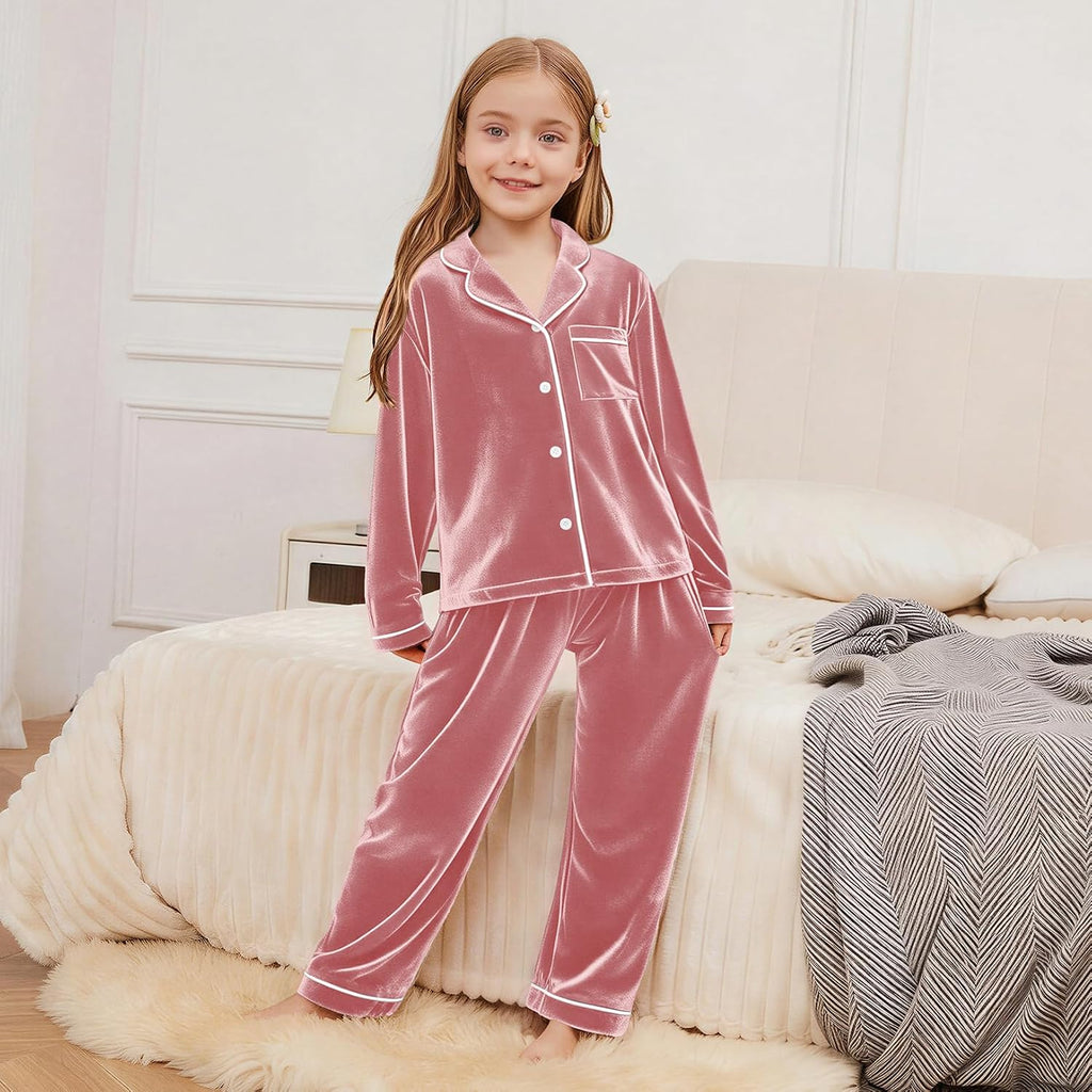 QPANCY Girls Pajamas Set Kids Velvet Button Down Pjs Long Sleeve Pants