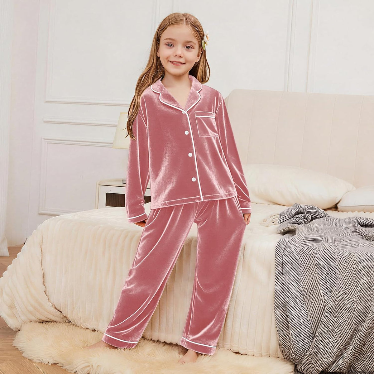 QPANCY Girls Pajamas Set Kids Velvet Button Down Pjs Long Sleeve Pants