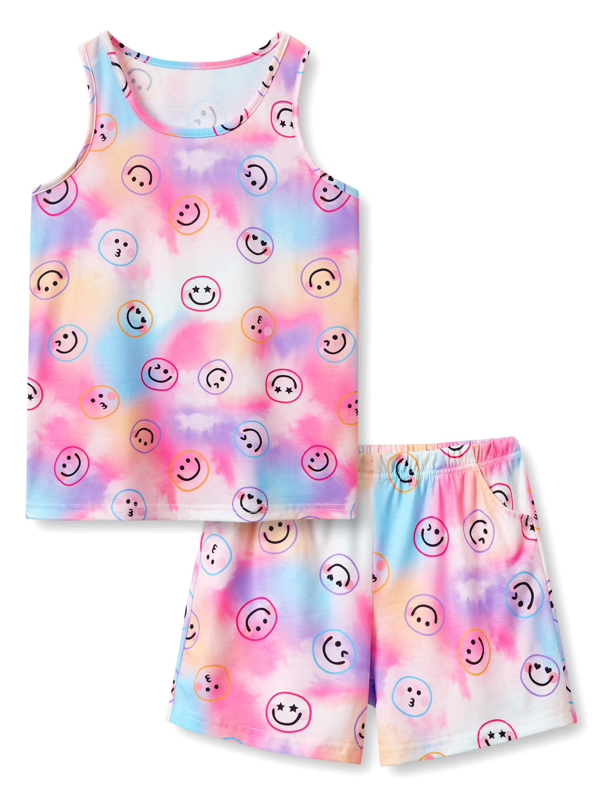 Beezizac Girls Pajamas Neon Tie Dye Spiral Capybara Smiling Face Print T-shirt & Shorts 2-Piece Soft PJ Set Size 6-18