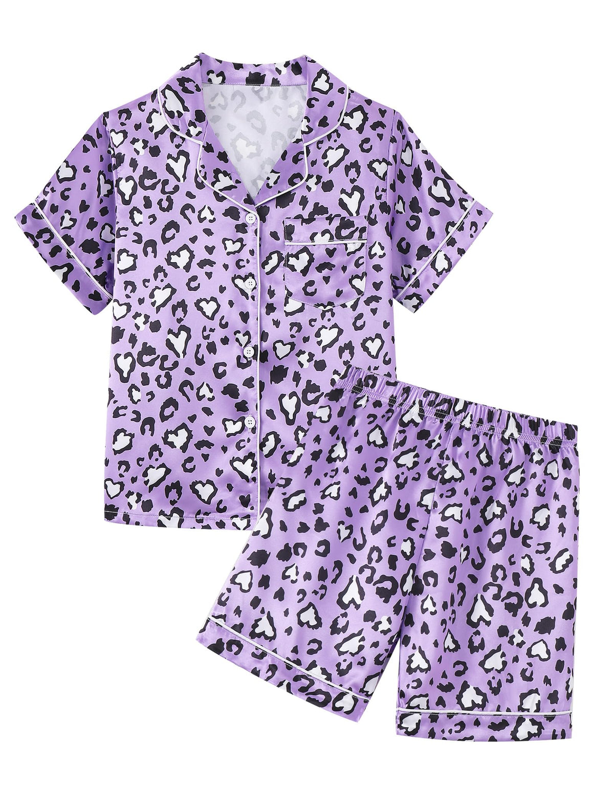 Mikrdoo Girls Pajamas Set Soft Silk Satin Pajamas 2 Piece Short Sleeve Sleepwear for Kids Size 4-16 Years