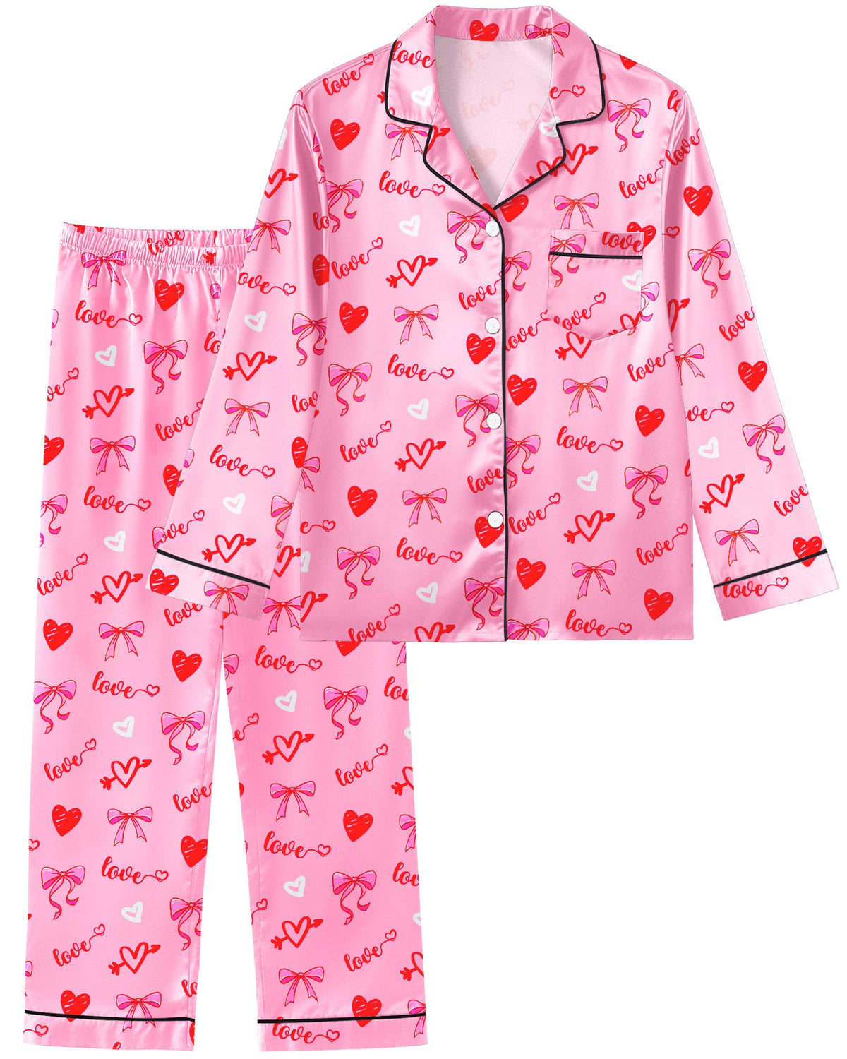 Girls Pajamas Satin Pajama Set Silky Bow Pjs Long Sleeve Button Down Sleepwear Loungewear Sets for Big Kids 7-14Y