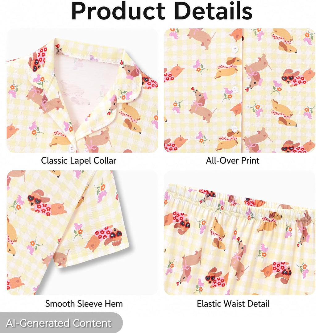 Topgal Girls 3PC Bow Puppy Pajamas, Button Up Short Sleeve PJs, Sizes 6-18