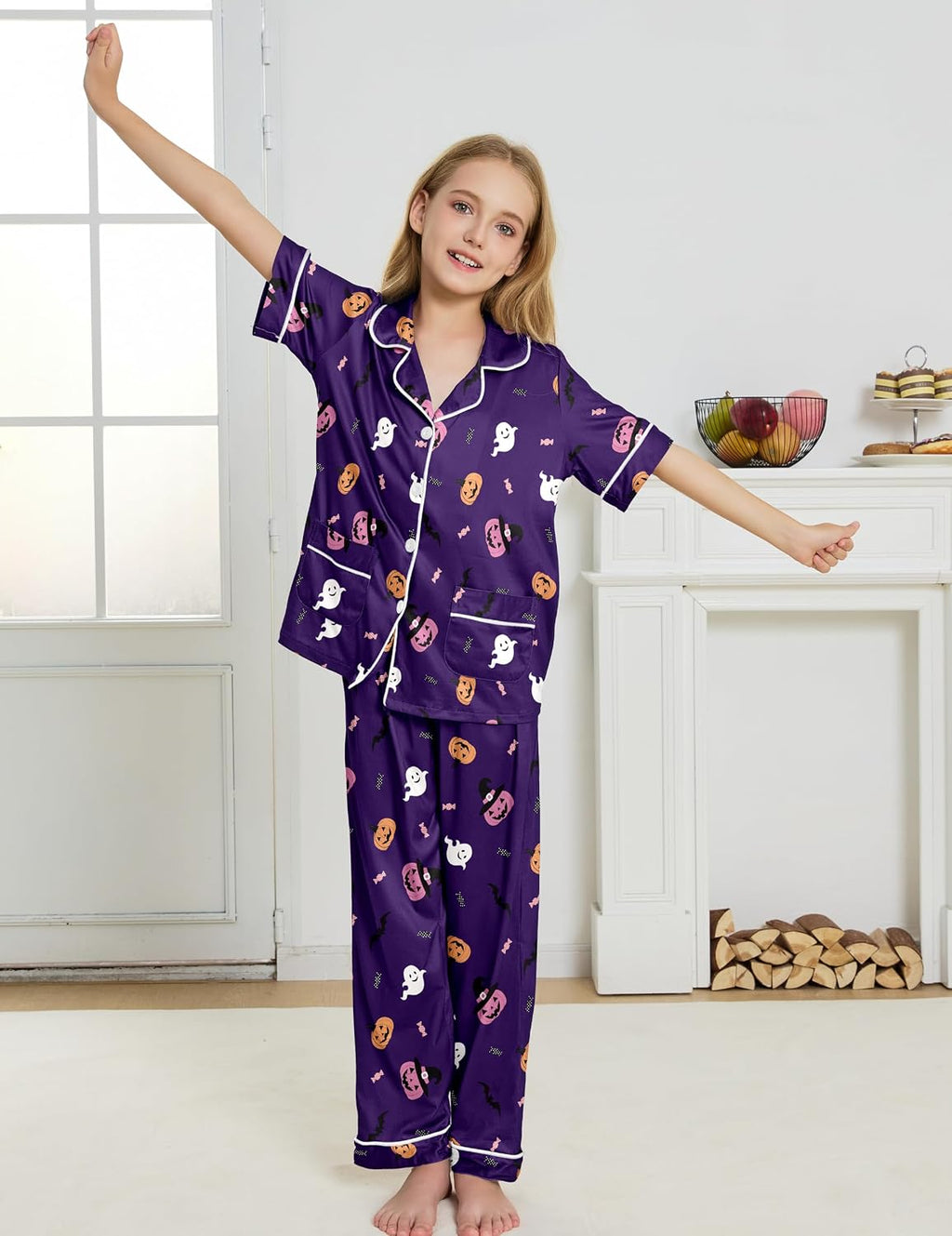 Hupohoi Big Girls 3pcs Button Down Pajama Sets Top with 2 Pockets Sleepwear