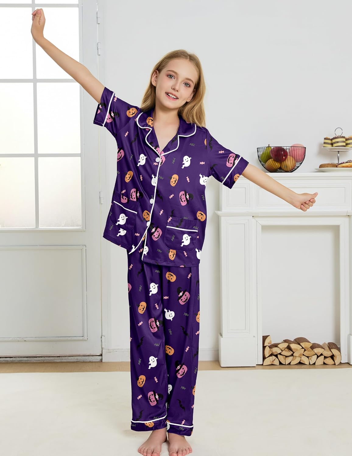 Hupohoi Big Girls 3pcs Button Down Pajama Sets Top with 2 Pockets Sleepwear