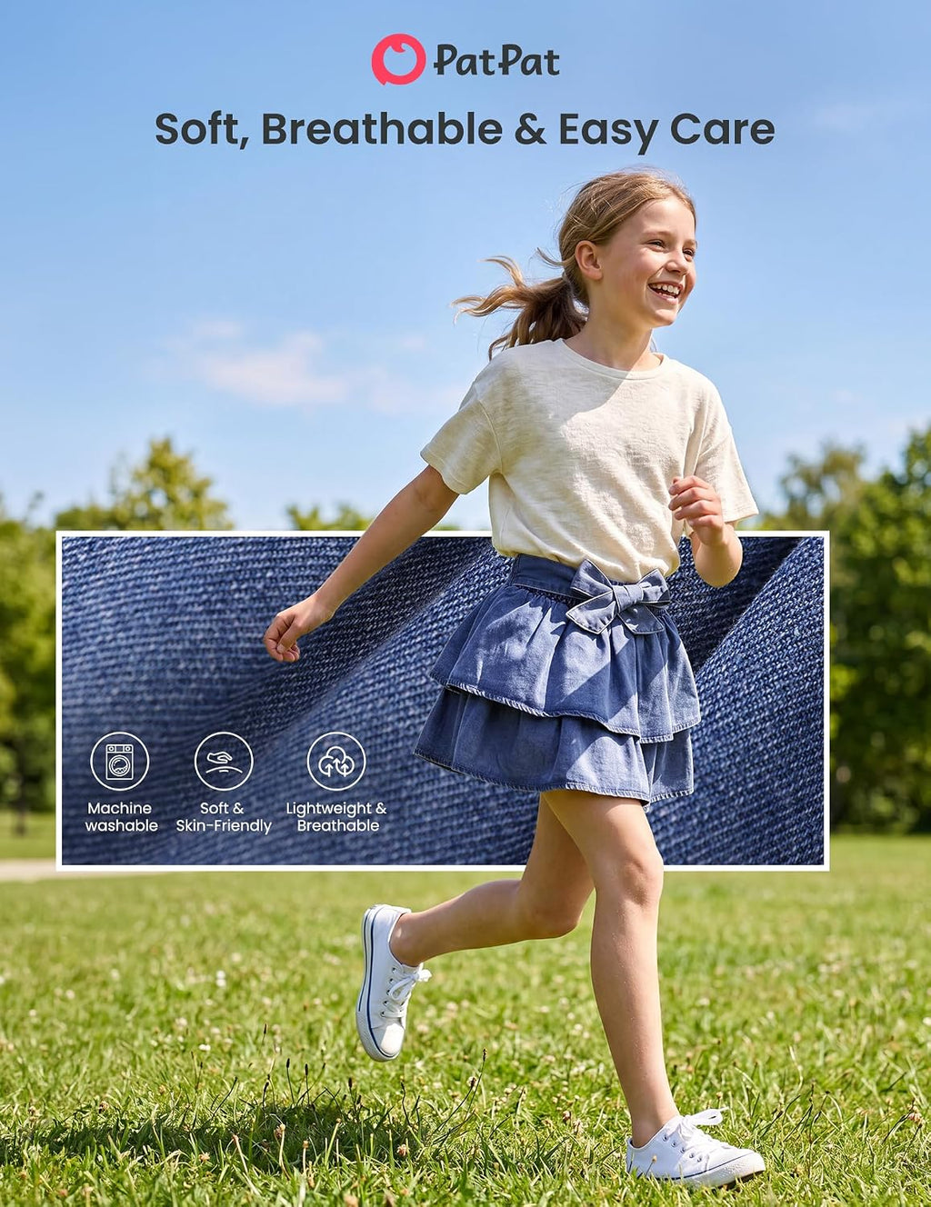 PATPAT Girls Denim Skirt Elastic Waist Jean Skort with Shorts Underneath