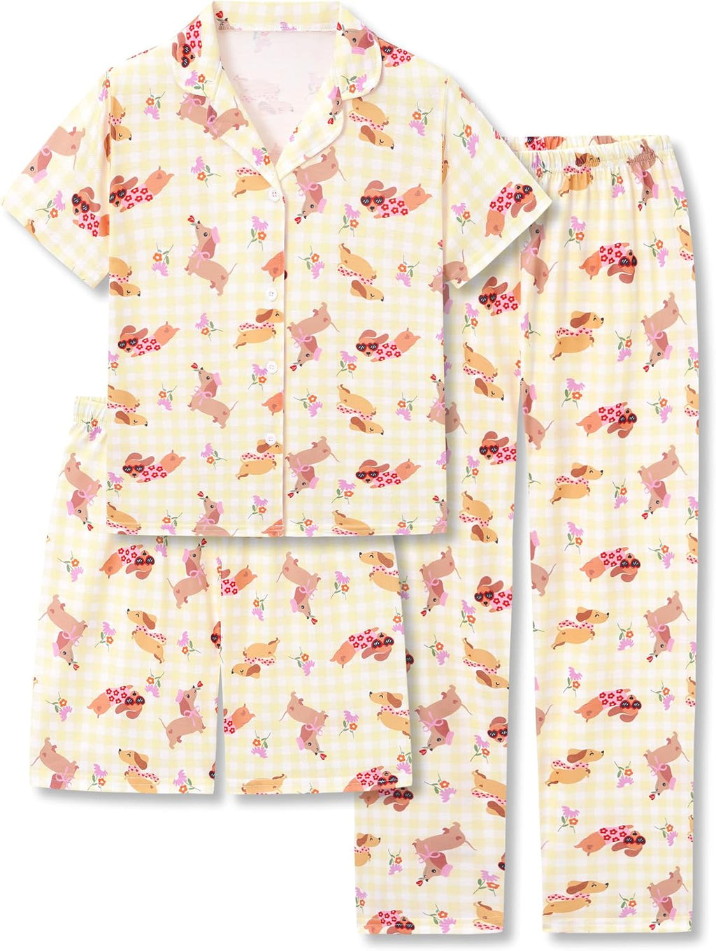 Topgal Girls 3PC Bow Puppy Pajamas, Button Up Short Sleeve PJs, Sizes 6-18