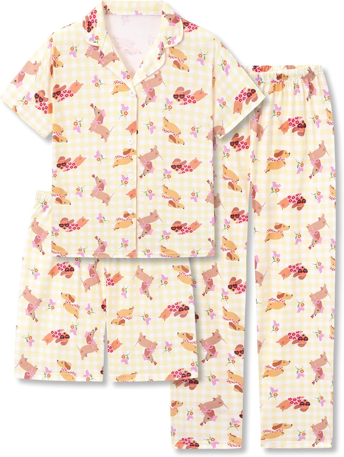 Topgal Girls 3PC Bow Puppy Pajamas, Button Up Short Sleeve PJs, Sizes 6-18