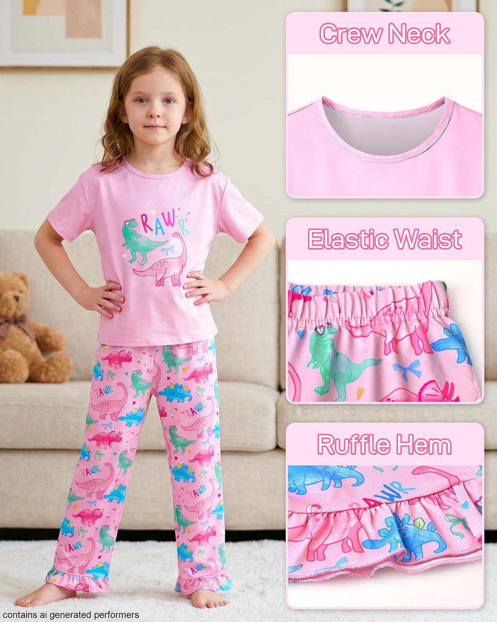 Girls Pajamas Short Sleeve Pants Pjs Set Cute Soft Sleepwear Loungewear Toddler Little Kid Size 3-10