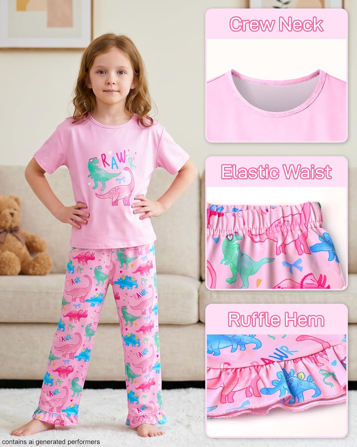 Girls Pajamas Short Sleeve Pants Pjs Set Cute Soft Sleepwear Loungewear Toddler Little Kid Size 3-10