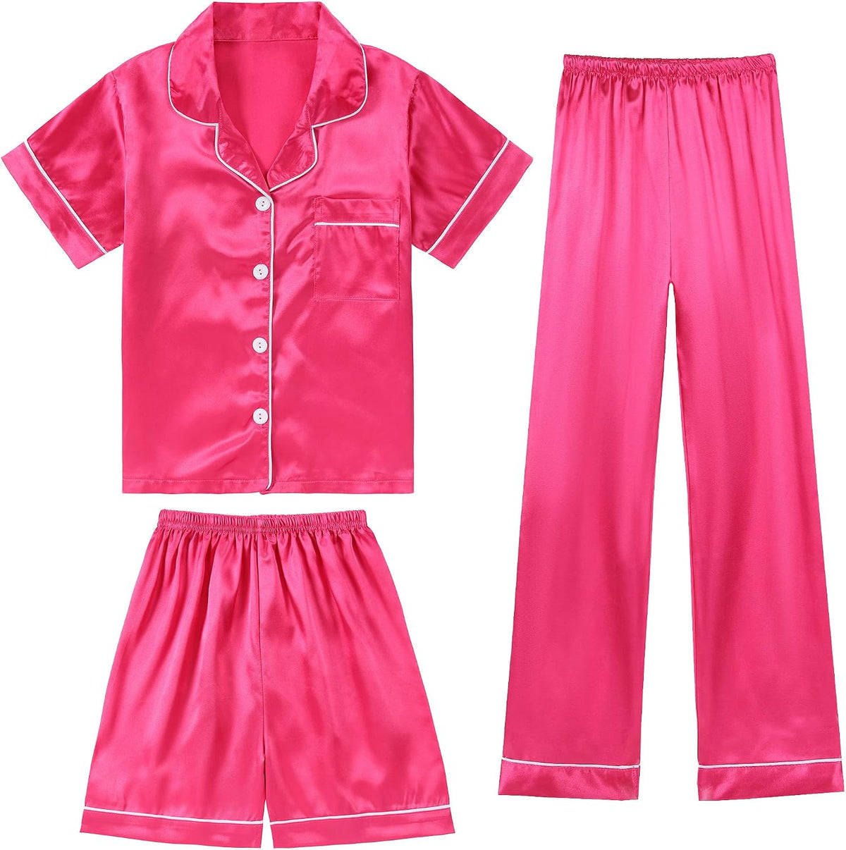 DIPUG Girls Pajamas 3 Pcs Satin PJs Set Silky Soft Sleepwear for Ages 4-13