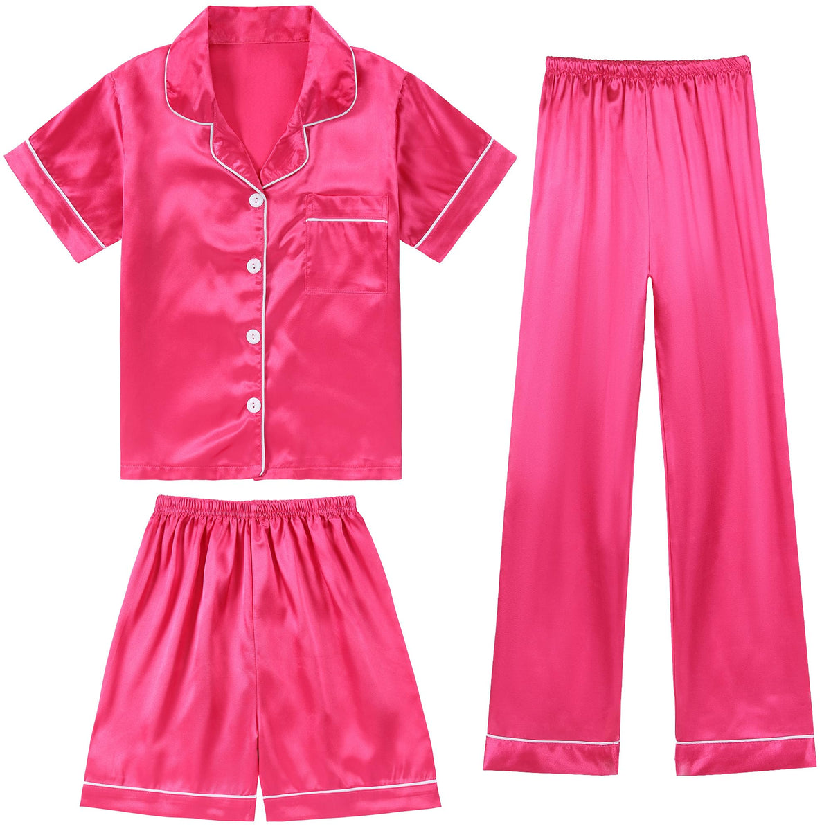 DIPUG Girls Pajamas 3 Pcs Satin PJs Set Silky Soft Sleepwear for Ages 4-13