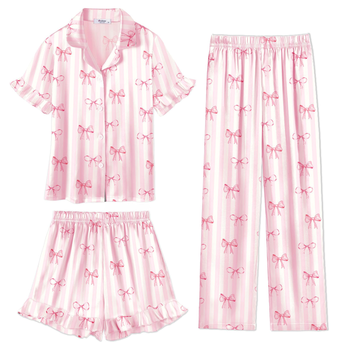 Arshiner Girls Pajamas Sets 3 Piece Satin Pjs Short Sleeve Silky Sleepwear